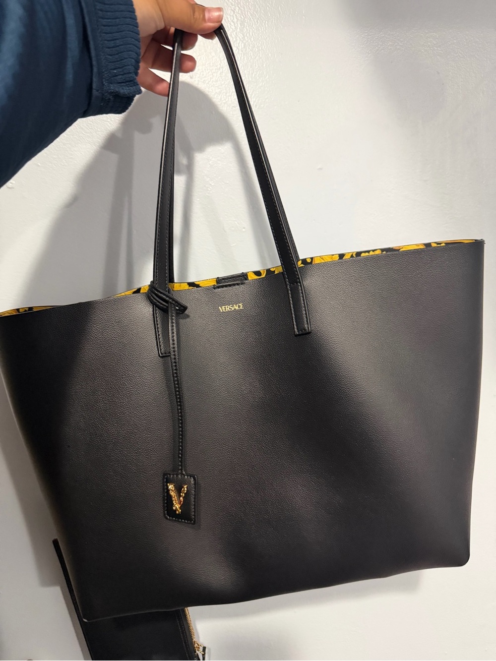 Versace Black Leather Tote Bag with Signature Yellow Print Lining - Picture 5 of 5